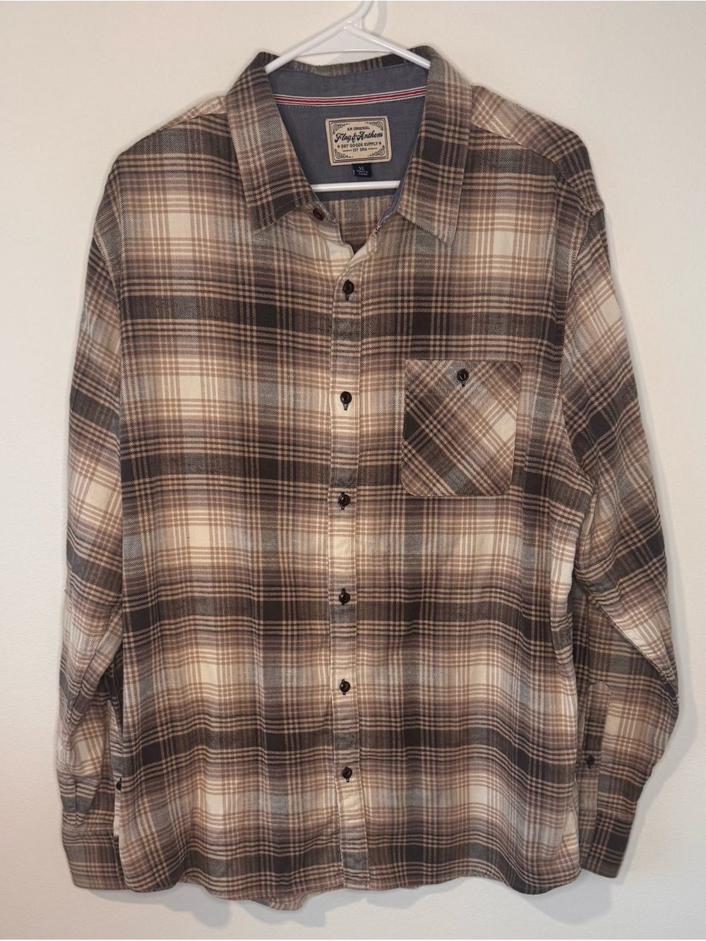 Flag & Anthem Men’s XL Brown Cream Plaid Flannel Button Down Shirt